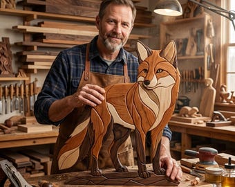Fuchs Intarsien Muster PDF, Ganzkörper Stehender Fuchs Dekupiersäge Vorlage, Woodland Wildtier Holzbearbeitung Design, A4 Größe Tier DIY Wand Kunst PNG