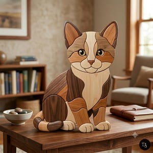 May include: A decorative cat figurine crafted from various shades of natural wood, featuring a multi-toned brown, tan, and cream coat pattern. The cat is depicted in a seated position with pointed ears, large dark eyes, and a smooth, segmented finish.