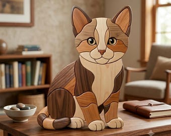 Patrón de intarsia de gatito en PDF, plantilla de sierra de calar de gato sentado, diseño de carpintería de mascota de gatito atigrado, arte de gatito, arte de pared DIY tamaño A4 PNG
