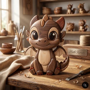 Puede incluir: Figura de dragón de madera hecha a mano, con una cara sonriente, ojos grandes y pequeñas alas. El dragón está hecho de varias tonalidades de madera marrón y está sobre una mesa de madera. El texto "Hath Karahi" está en una caja de madera.