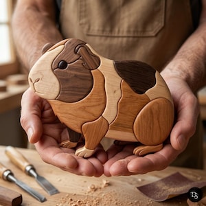 May include: A handcrafted wooden guinea pig figurine composed of multiple interlocking pieces of wood in varying natural tones, including light cream, medium tan, and dark brown, featuring a smooth finish and carved facial details.