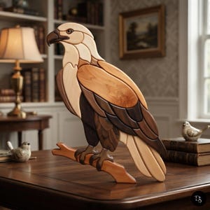 Puede incluir: Una escultura de águila de madera hecha a mano compuesta por varios tonos de madera, incluyendo crema claro, ámbar medio y marrón oscuro. El águila está representada posada sobre una rama, mostrando intrincados patrones de vetas.