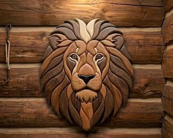 Patrón de marquetería de cabeza de león en PDF, plantilla de sierra de calar de león majestuoso, diseño de carpintería de vida silvestre, arte de pared DIY de animales tamaño A4 en PNG