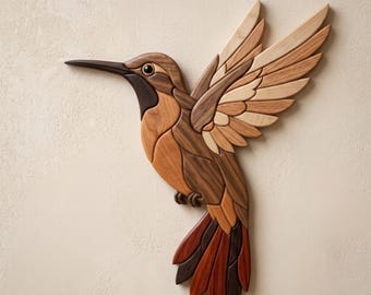 Intarsia-patroon kolibrie pdf, sjabloon vliegende kolibrie figuurzaag, tuin Wildlife houtbewerking ontwerp, A4-formaat dierlijke DIY kunst aan de muur