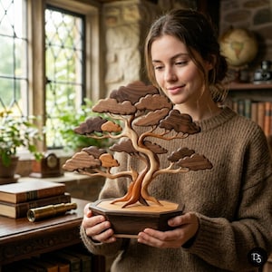 Puede incluir: Una escultura decorativa de madera de un bonsái con segmentos de follaje en capas de color marrón oscuro y un tronco curvo de tono claro. El árbol está montado sobre una base octogonal de madera con un borde marrón oscuro y un panel central claro.