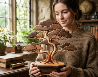 Bonsai Baum Intarsien Muster PDF, Japanische Zen Pflanze Dekupiersäge Vorlage, Majestic Botanical Holzbearbeitungsdesign, A4 Größe DIY Wandkunst PNG