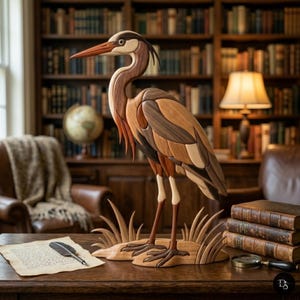 May include: A handcrafted wooden sculpture of a heron standing on a base of stylised reeds. The bird is constructed from various shades of natural wood, featuring a long pointed beak, a curved neck, and layered wing feathers in brown and tan tones.