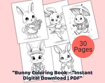 Bunny Coloring Pages: 30 Kawaii Rabbit Designs (Digital Download)