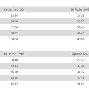 May include: A size chart for clothing, with columns for GUWI, German, English, and USA sizes. The chart includes sizes S, M, L, XL, and XXL for both women's and men's clothing. The USA sizes range from 6 to 30 for women and 28 to 54 for men.