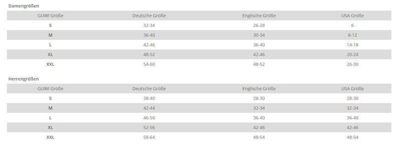 May include: A size chart for clothing, with columns for GUWI, German, English, and USA sizes. The chart includes sizes S, M, L, XL, and XXL for both women's and men's clothing. The USA sizes range from 6 to 30 for women and 28 to 54 for men.