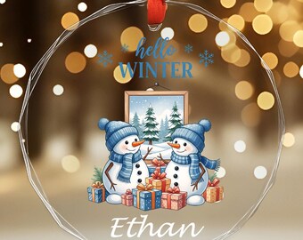 Hello Winter Ornament, Round Or Heart Shape, Custom Snowman Glass Ornament, Holiday Keepsake, Customizable For Kid, Xmas Tree Decoration