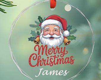 Custom Santa Claus Glass Ornament, Round Or Heart Shape Decoration, Glass Holiday Keepsake, Customizable For Kid, Xmas Tree Decoration