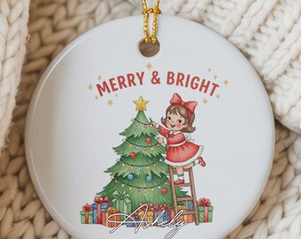 Cute Girl Decorating Tree Ornament, "Merry & Bright" Christmas Decor, Ceramic Ornament, Custom Name Festive Keepsake, Xmas Present For Girls
