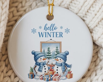 Blue Snowman Couple Ceramic Decoration, Custom Name Ornament, Festive Holiday Keepsake, "Hello Winter" Christmas Ornament, Family Tradition