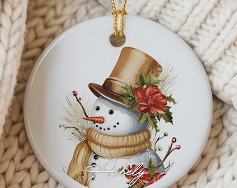 Snowman Christmas Ornament, Ceramic Ornament, Holiday Decoration With Vintage Top Hat, Custom Name Ornament, Rustic Winter Decor For Tree