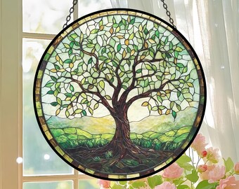 Serene Tree of Life Sun Catcher, Nature-Inspired Circular Window Hanging, Rolling Hills, Home Decor, Garden Accent, Valentine's Day Gift