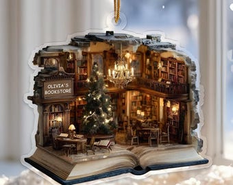 Bookstore Christmas Ornament, Custom Name Acrylic Decoration, Literary Holiday Decor For Readers, Cozy Library Scene, Bookworm Keepsake