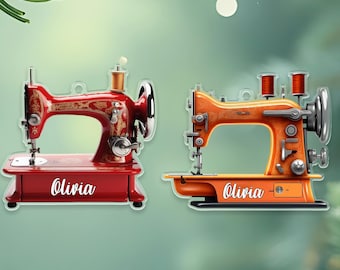 Vintage Sewing Machine Ornament, Custom Name Pendant, Acrylic Ornament, Seamstress Gift, Sewing Hobby Decor, Needlework Enthusiast Gift