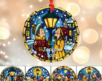Stained Glass Christmas Ornament With Custom Name & Year, Holiday Decor, Winter Couple Ornament, Romantic Keepsake, Stained Glass Design