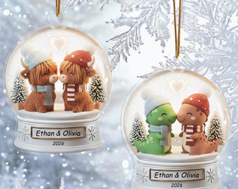 Couple Ornament, Highland Cow & Dinosaur Design, Custom Name Acrylic Decor, Love-themed Ornament, Valentine's Day Gift, 2 Animal Designs