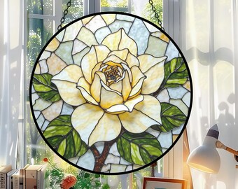 White Rose Stained Glass Suncatcher, Elegant Floral Window Hanging, Boho Home Decor, Romantic Flower Glass Art, Wedding Gift Idea For Her