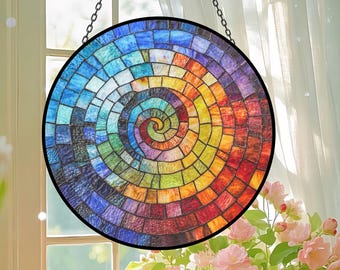 Rainbow Spiral Stained Glass Suncatcher, Abstract Colorful Window Hanging, Psychedelic Glass Art Decor, Unique Window Sun Catcher Gift