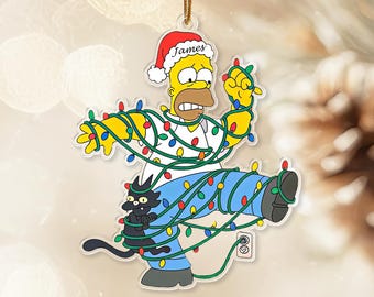 Homer Simpson Christmas Ornament, Custom Name Pendant, Acrylic Decor, Iconic Cartoon Character Wrapped in Holiday Lights, Fan Art Keepsake