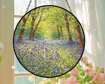 Bluebell Forest Stained Glass Suncatcher, Nature Landscape Window Hanging, Woodland Spring Decor, Floral Meadow Glass Art, Nature Lover Gift