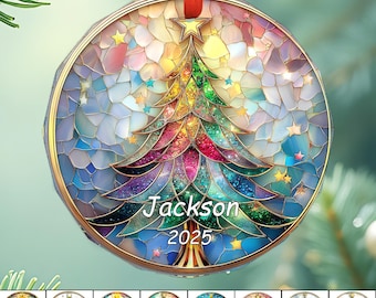 Stained Glass Christmas Ornament With Custom Name & Year, Holiday Decor, Customizable For Kid, Colorful Christmas Tree, Stained Glass Design