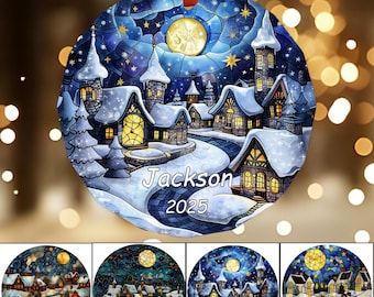 Stained Glass Christmas Ornament With Custom Name & Year, Holiday Decor, Winter Village Scene, Romantic Keepsake, Stained Glass Design