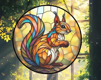 Rainbow Squirrel Sun Catcher, Glass Sun Catcher, Whimsical Forest Animal Design, Home Decor, Charming Window Hanging, Nature Lover Gift