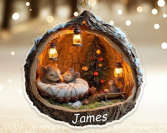 Whimsical Mouse House Ornament, Acrylic Ornament, Custom Name Pendant, 3 Designs, Cozy Forest Mice In Tree Stump, Gift Animal Lovers, Kids