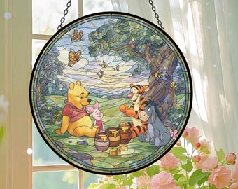 Cute Woodland Animal Suncatcher, Bear Bunny Forest Window Hanging, Cartoon Animal Art, Kids Room Decor, Glass Art Decor, Nursery Gift