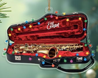 Saxophone Ornament, Custom Name Acrylic Decoration, Music Lover Gift, Holiday Keepsake With Festive Lights Design, Gift For Sax Player