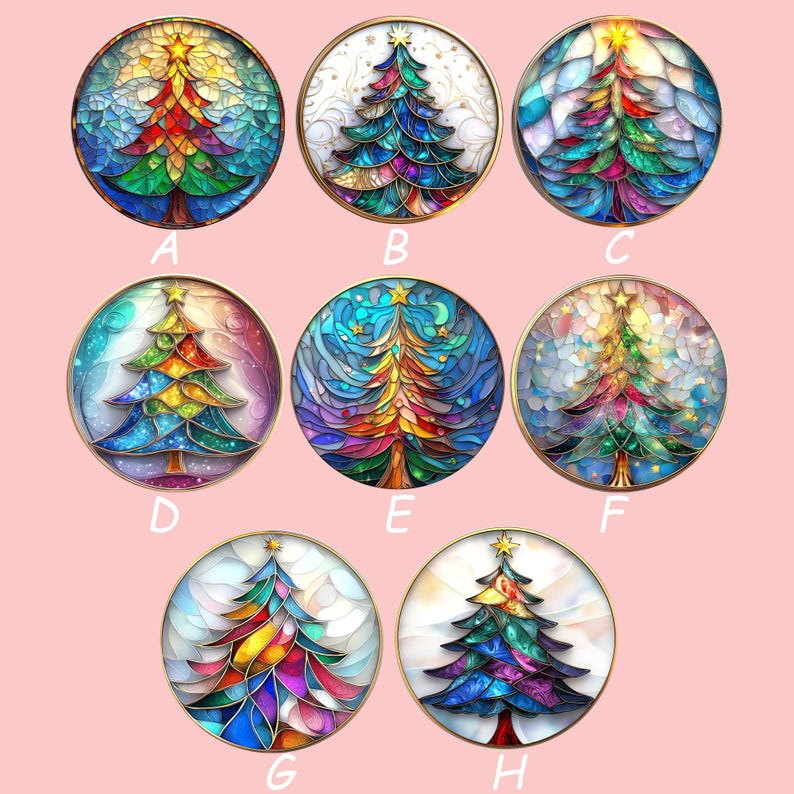 May include: A collection of eight round Christmas ornaments, each featuring a colorful stained-glass design of a Christmas tree. The trees vary in color, with gold star toppers and gold trim. The backgrounds are a mix of white, blue, and yellow.