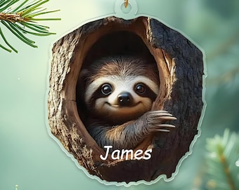 Sloth In Tree Hole Christmas Ornament, Acrylic Ornament, Custom Name Pendant, Whimsical Forest Animal Design, Gift For Kids & Animal Lovers