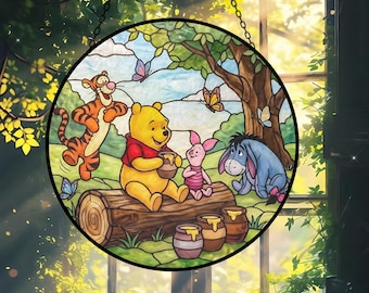 Cute Woodland Animal Suncatcher, Bear Bunny Forest Window Hanging, Cartoon Animal Art, Kids Room Decor, Glass Art Decor, Nursery Gift