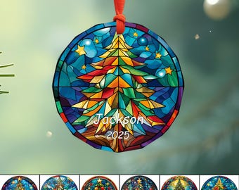 Stained Glass Christmas Ornament With Custom Name & Year, Holiday Decor, Customizable For Kids, Stained Glass Art, Colorful Christmas Tree