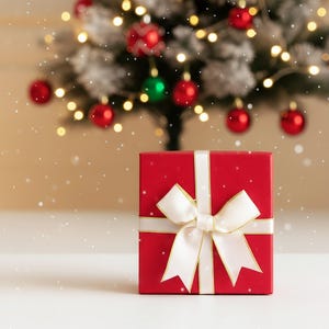 May include: A red gift box with a white ribbon and bow, set against a blurred background of a Christmas tree with red and green ornaments and twinkling lights. Snowflakes are falling.
