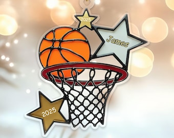Personalized Basketball Ornament, Custom Name Acrylic Decor, Sports Fan Gift For Boys, Kids, Or Basketball Player, Hoop And Ball Design