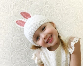 READY TO SHIP!  Bunny Hat, White with Pink Ears, Easter Bunny, Hand Knit Baby Hat, Childs Hat, Soft Acrylic Yarn, Newborn to 4 yrs, Winter