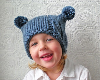 Baby Hat Jester, Blue Denim Pom Poms, Cables and Poms, Toddler Hat