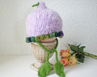 Baby Hat, Flower Fairy, Lavender with Green Poms and Leaves, Toddler Hat