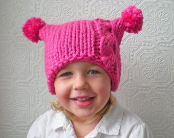 Baby Hat Jester, Pink Pom Poms, Cables and Poms, Toddler Hat