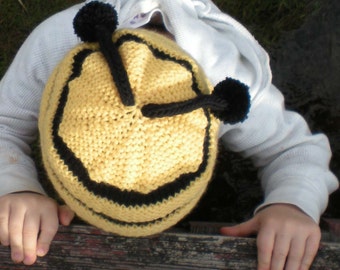 Bumble Bee Baby Hat, Knit Beanie with Pom Poms, Toddler Hat