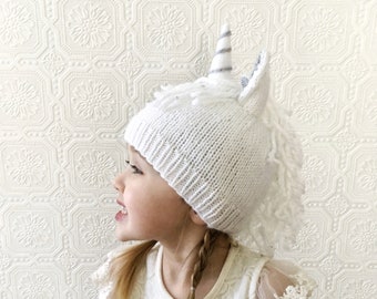 Unicorn Hat, Hand Knit Hat, Costume, Dress Up, Soft Yarn, White with Sparkles, Horse Ears, Mane and Horn, Sizes Newborn to 4 years, OOAK