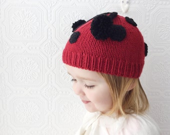 Ladybug Hat, Handknit Red Beanie Hat with Black Polka Dots, Soft Acrylic Yarn, Baby, Toddler and Child Sizes Available, OOAK, Made to Order
