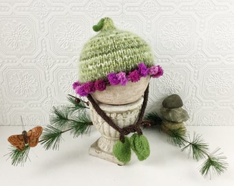 Woodland Fairy Hat, Knit Hat with Pointed Tip and Leaf Details, Green with Purple Pom Pom Brim, Chin Tie, Baby, Toddler & Child Sizes, OOAK