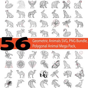 Puede incluir: Una colección de 56 diseños geométricos de animales en blanco y negro. La imagen incluye varios animales como osos, lobos y mariposas. El texto en una pancarta naranja dice "56 Geometric Animals SVG, PNG Bundle, Polygonal Animal Mega Pack,"