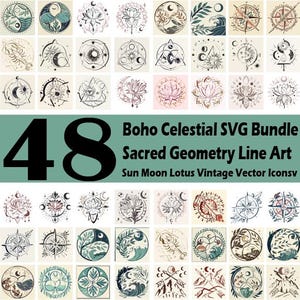 Pode incluir: Uma coleção de 48 designs Boho Celestial SVG com arte de linha de geometria sagrada. Os designs incluem sol, lua, lótus e ícones vetoriais vintage. A imagem tem um fundo verde-azulado com o número 48 em preto.